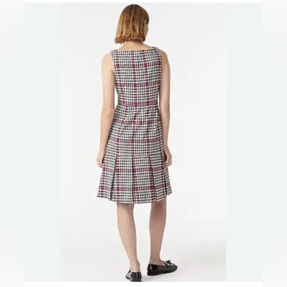 J.Crew Scoop neck Fit Flare Dress 8 Herringbone Twill Tall Lined Navy Pleated - Picture 2 of 13